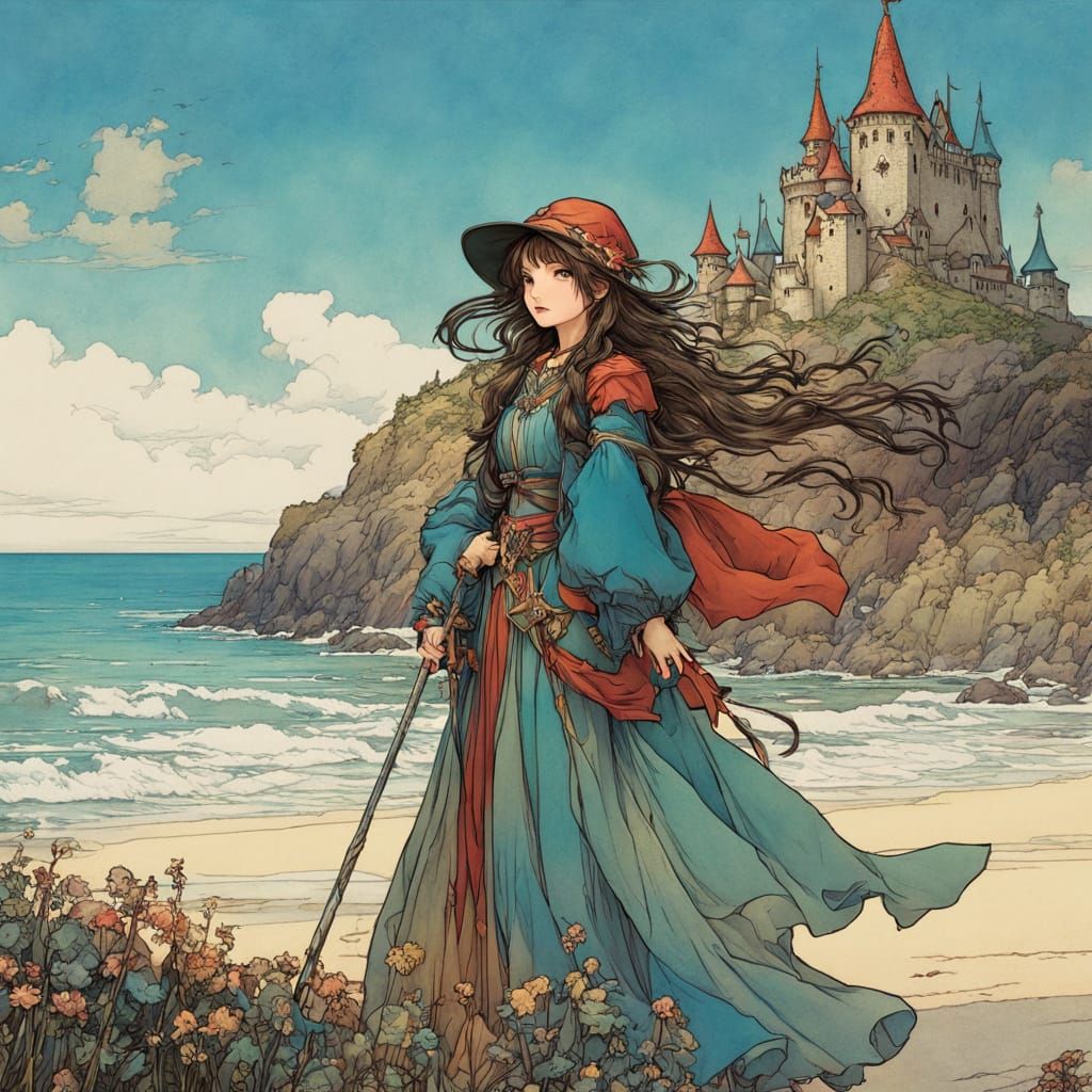 Girl Wizard on Seashore in Anime Cartoon Style