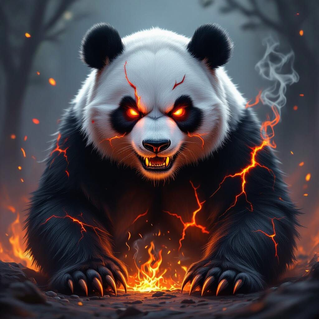 Fiery Panda Creature with Embers and Smoke