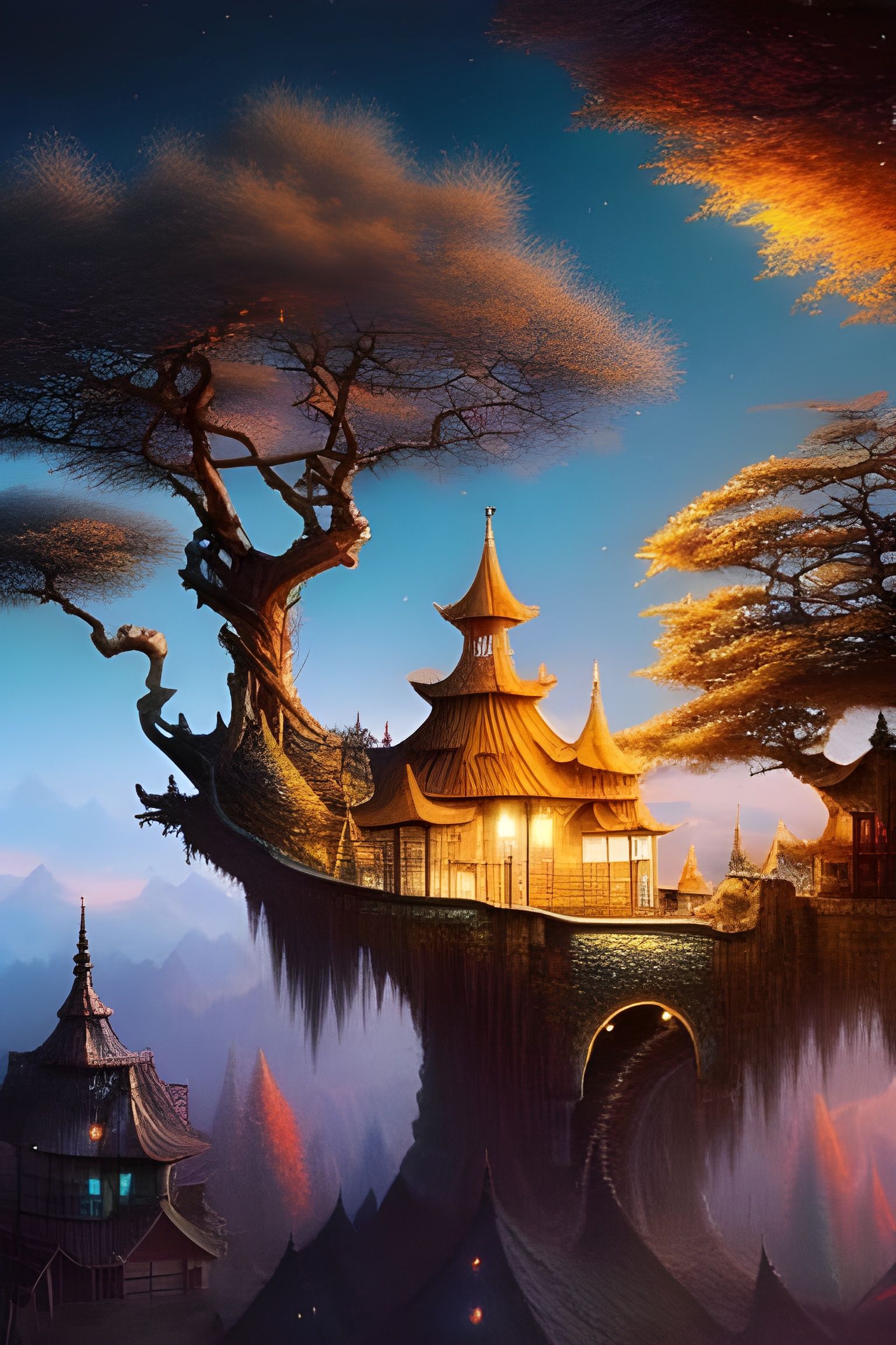 Surreal Bonsai Tree Village Illustration in Pastel Colors