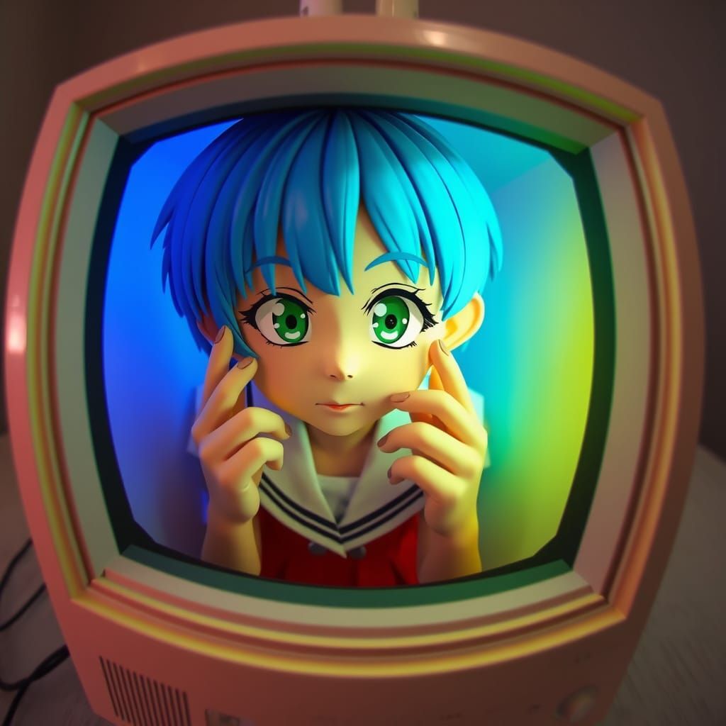 Anime Girl Emerge from Vintage Computer in Whimsical Papercr...