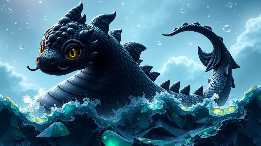 Obsidian Sea Serpent in Fractal Geometric Quilt