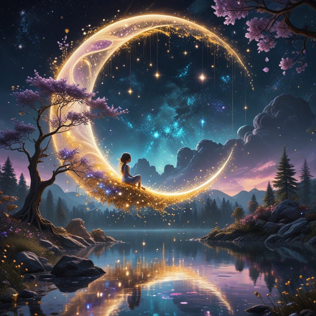 Magical Dreamscape: Child on Moonlit Tree in Glamour Style