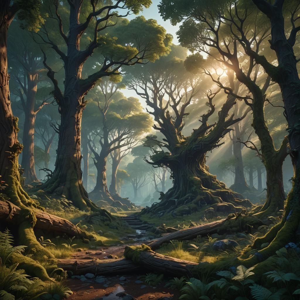 Fantastical Forest at Dawn: Detailed Matte Painting