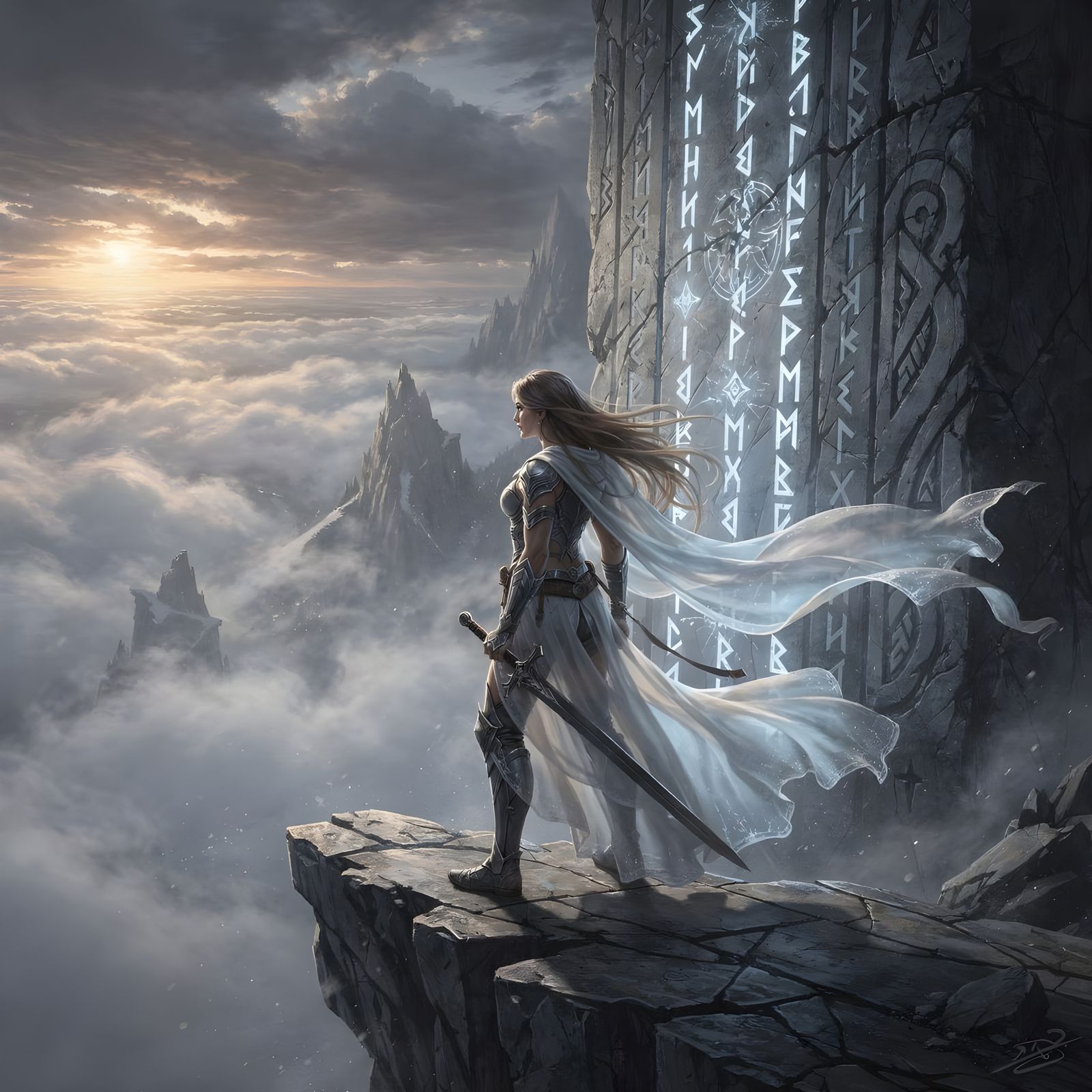 Warrior Woman on Precipice Overlooking Misty Valley
