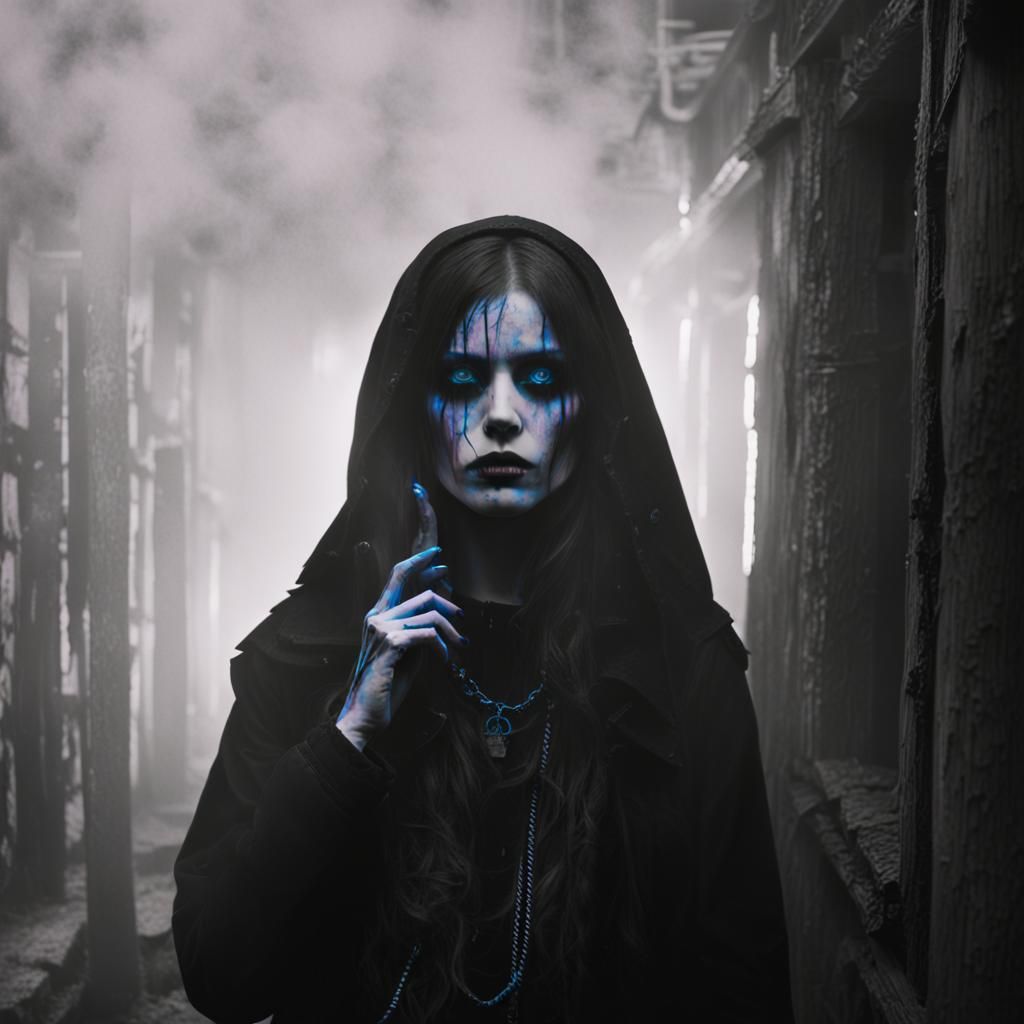 Gothic Model in Haunted House with Neon Lights
