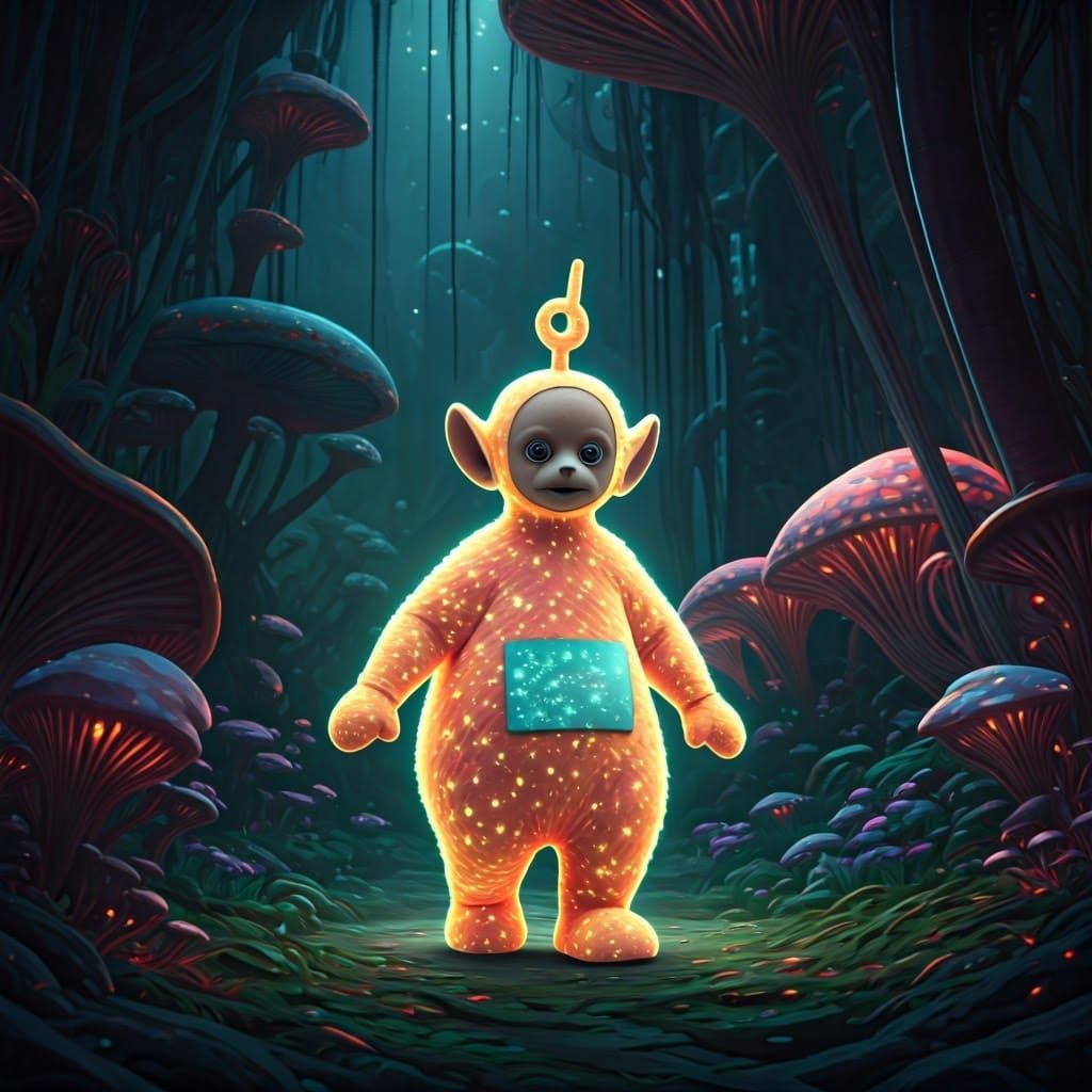 Bioluminescent Teletubby in Alien Jungle, Matte Painting