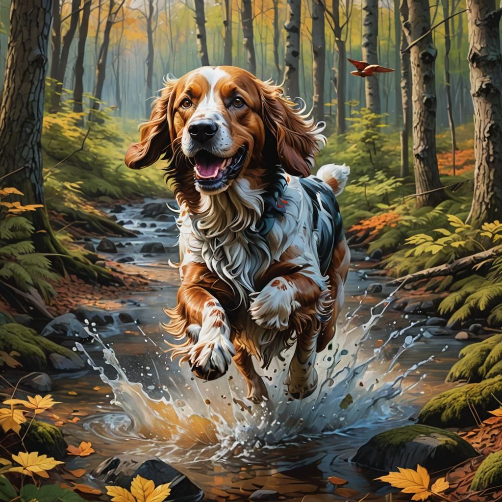 Hyperrealistic Setter Dog Chasing Birds in Woods