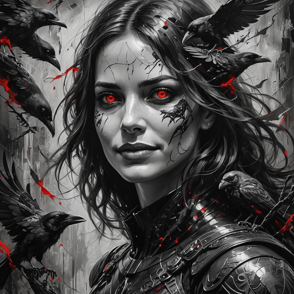 Bioluminescent Woman with Raven in Monochrome Art