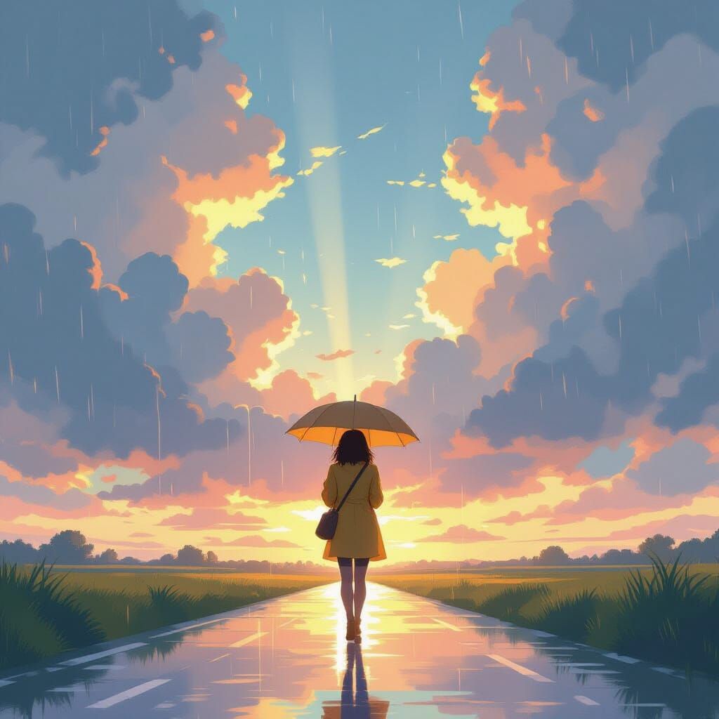 Serene Woman Walks in Summer Rain, Whimsical Style