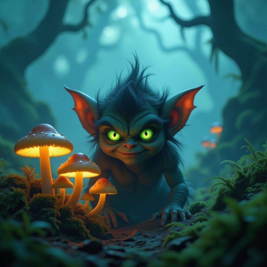Mischievous Gremlin Peeks from Enchanted Forest