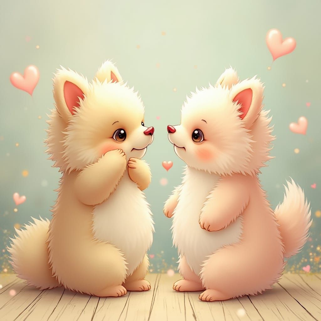 Playful Pomeranians and Bichon Frises in Pastel Setting