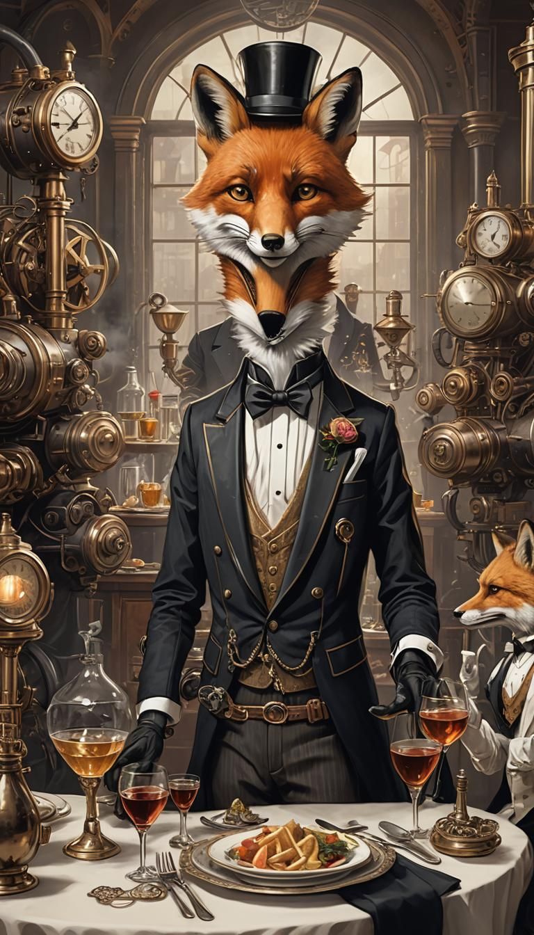 Steampunk Fox Gentleman at Dinner Party