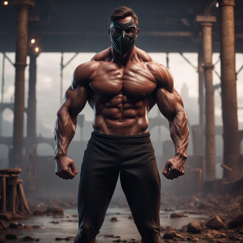 Muscular Man with Black Mask: Detailed Matte Painting