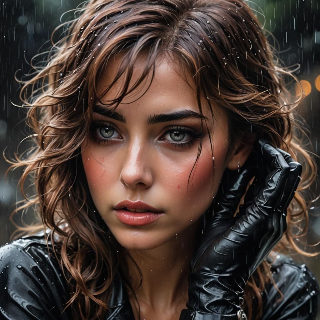 Melancholic Woman with Leather Gloves Portrait