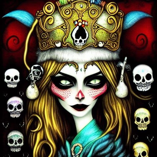 Iridescent Pirate Queen with Treasure and Skulls