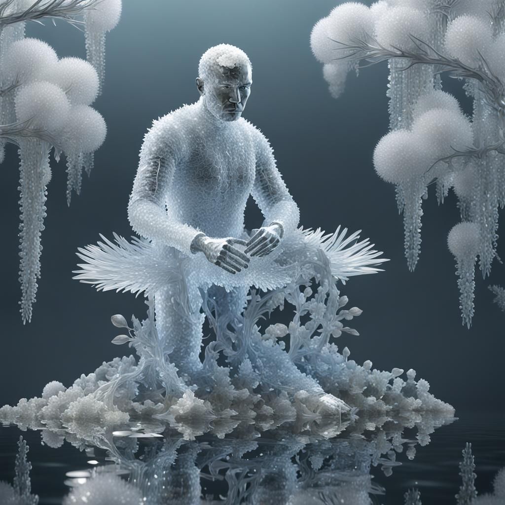 Crystalline Man in Luminous Fantasy Landscape