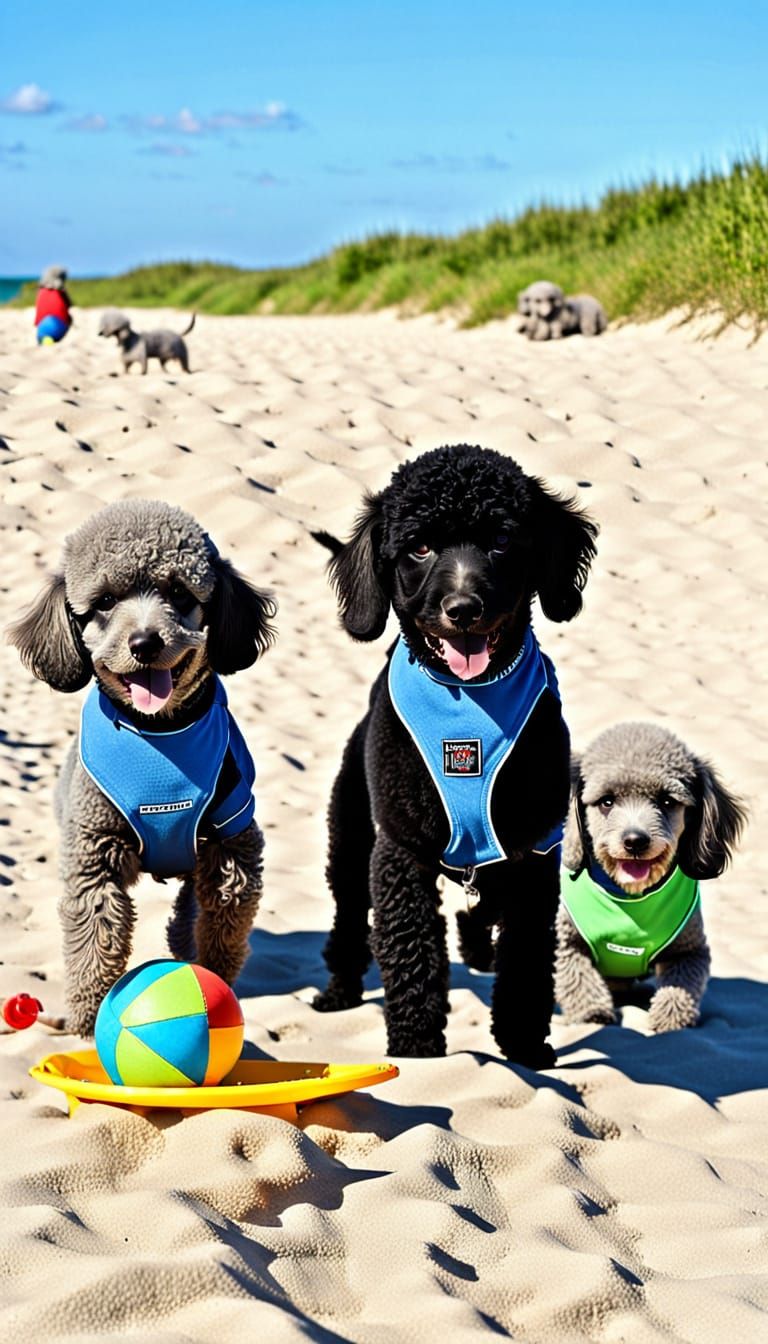 Baby Boys Playing on Sandy Beach with Poodles