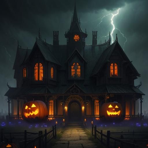Haunted Pumpkin Patch in Lightning Storm, Dark Fantasy Art