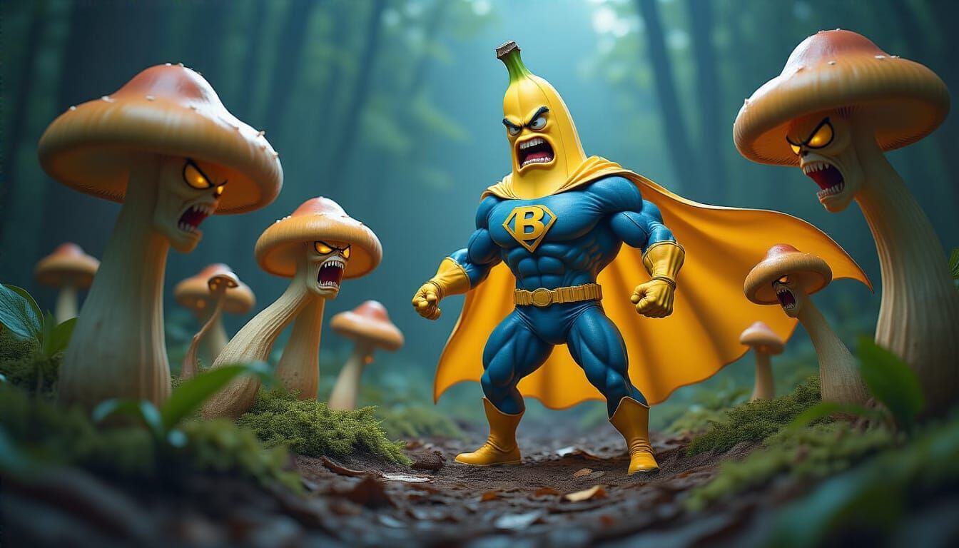 Superhero Banana Battles Angry Mushrooms in 3D
