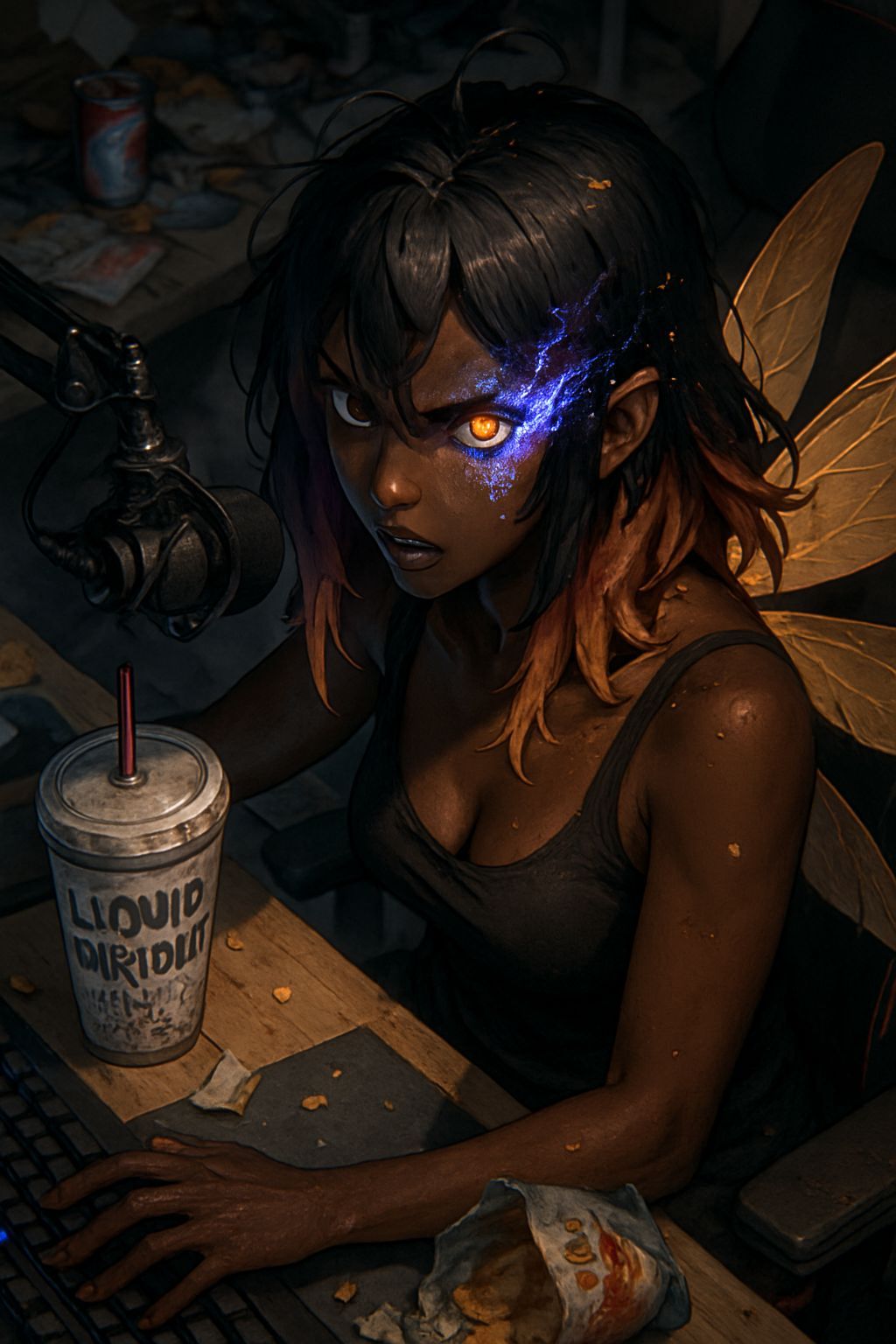 Anime Gamer Fairy in a Chaotic Gaming Room