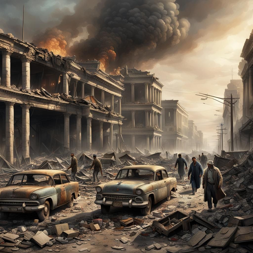 War-Torn City in Ruins: A Hyperrealistic Rendering
