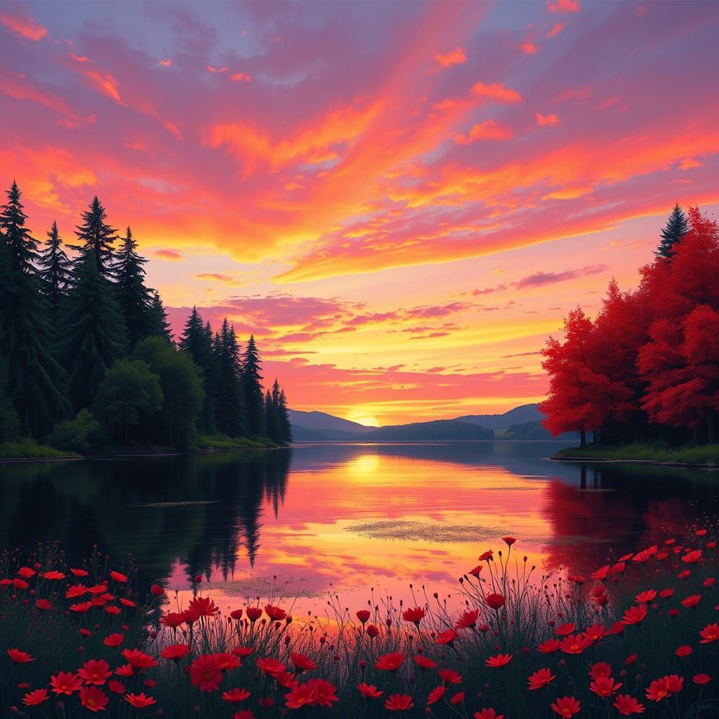 Sunset Lake Reflecting Vibrant Sky, Matte Painting