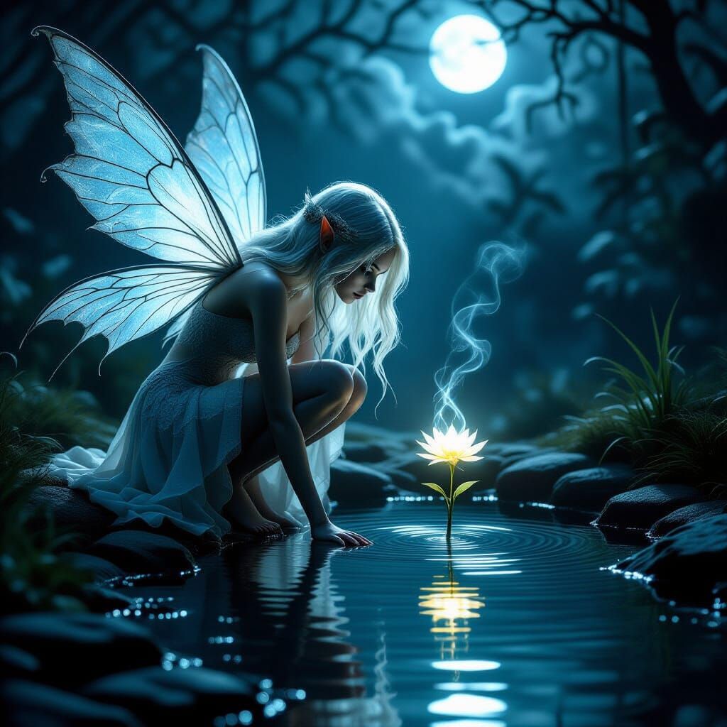 Fairy by Moonlit Pond in Gothic Surrealist Style