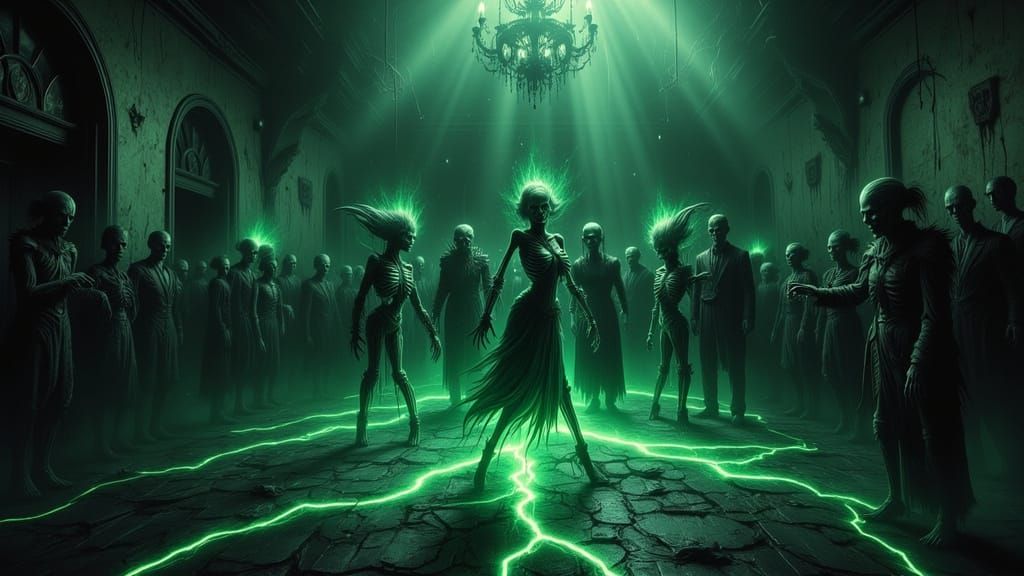 Gothic Ballroom Dance Macabre with Skeletons and Zombies