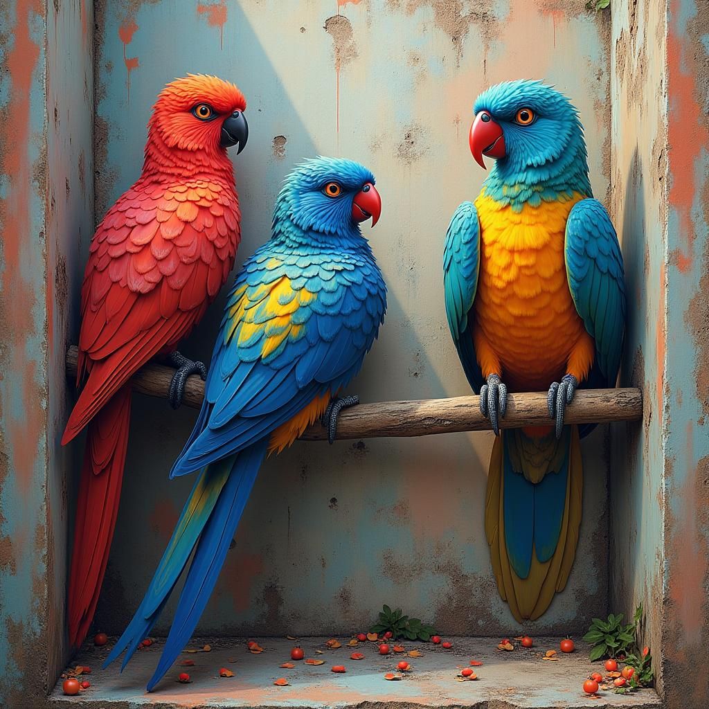 Vibrant Birds in Urban Street Art Style
