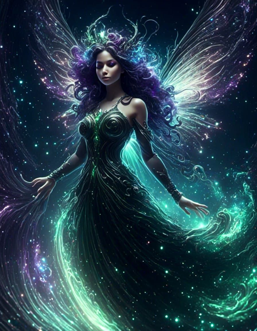 Female winged fairy, black, green with purple. <lora:funneling:1.0>