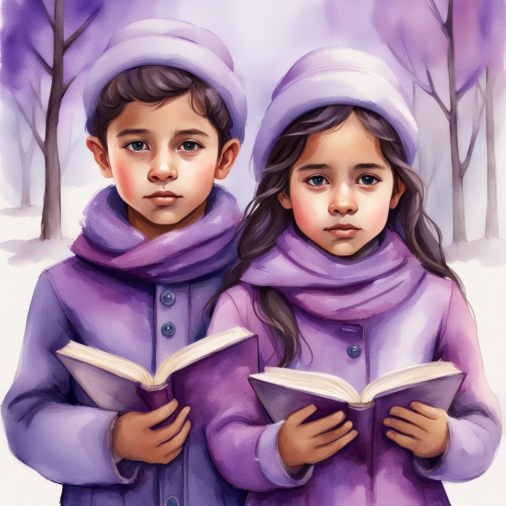 Two little young Hispanic American people ((one female and one male)) all dressed in purple read for winter fantasy stor...