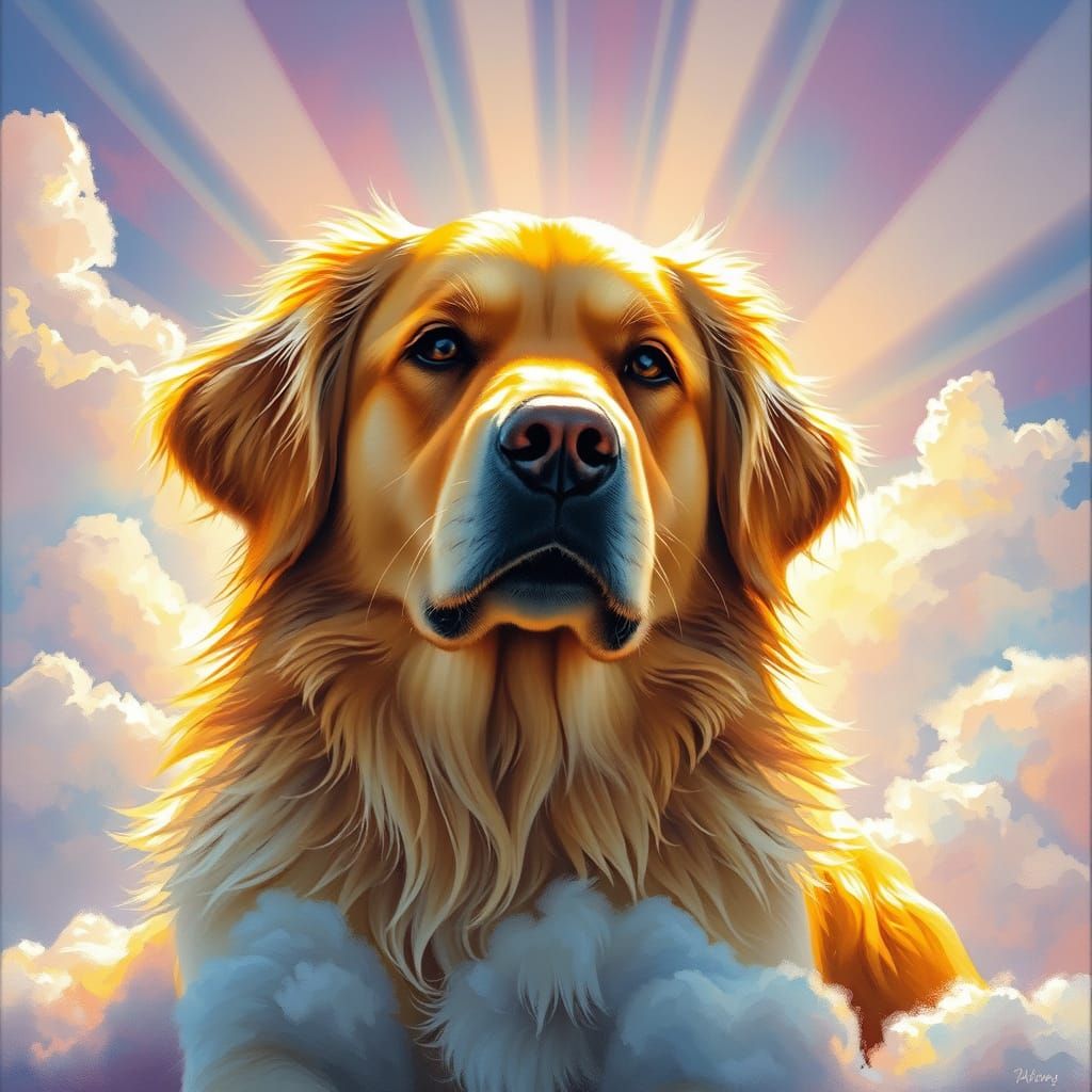 Golden Retriever Basks in Vibrant Sunshine Amid Fluffy Cloud...
