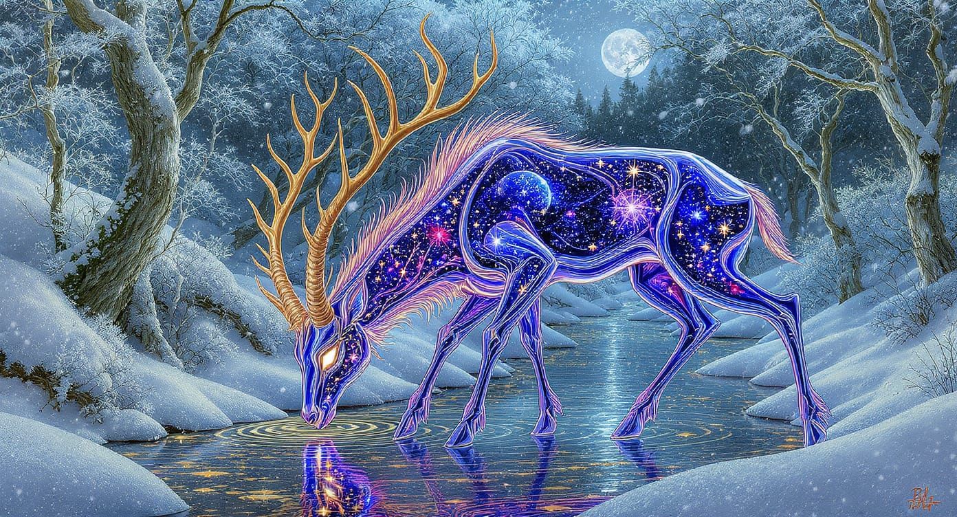 Glass Deer with Stars in Snowy Forest
