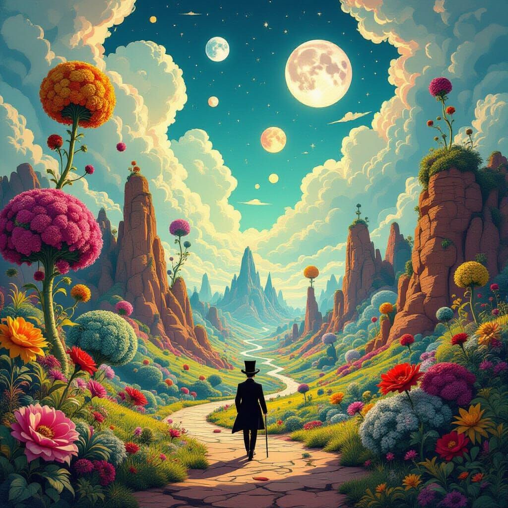 Surreal Dreamscape Exploration with Dapper Figure