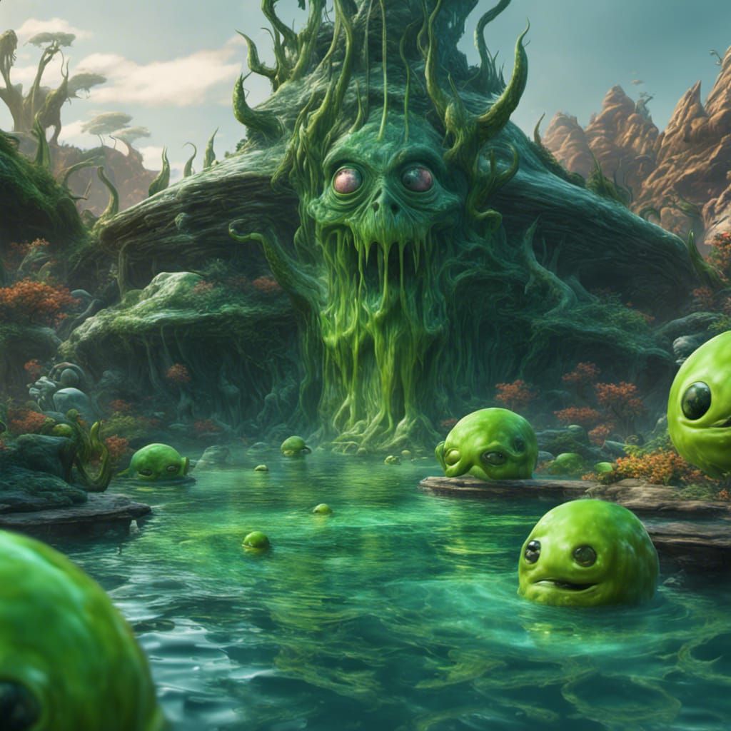 Slime Pool with Swimming Green Aliens: Detailed Matte Painti...