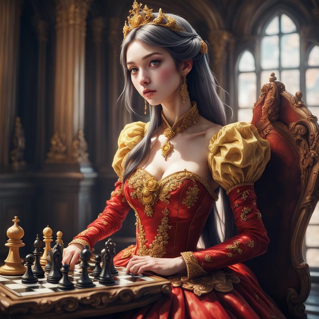 Anime Princess Playing Chess in Surreal Setting