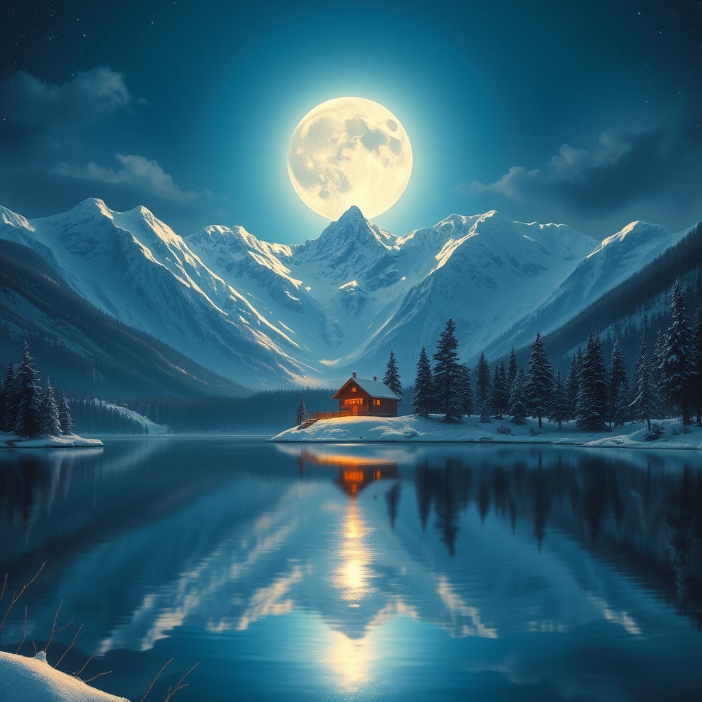 Moonlit Lake Cabin in Mountain Landscape