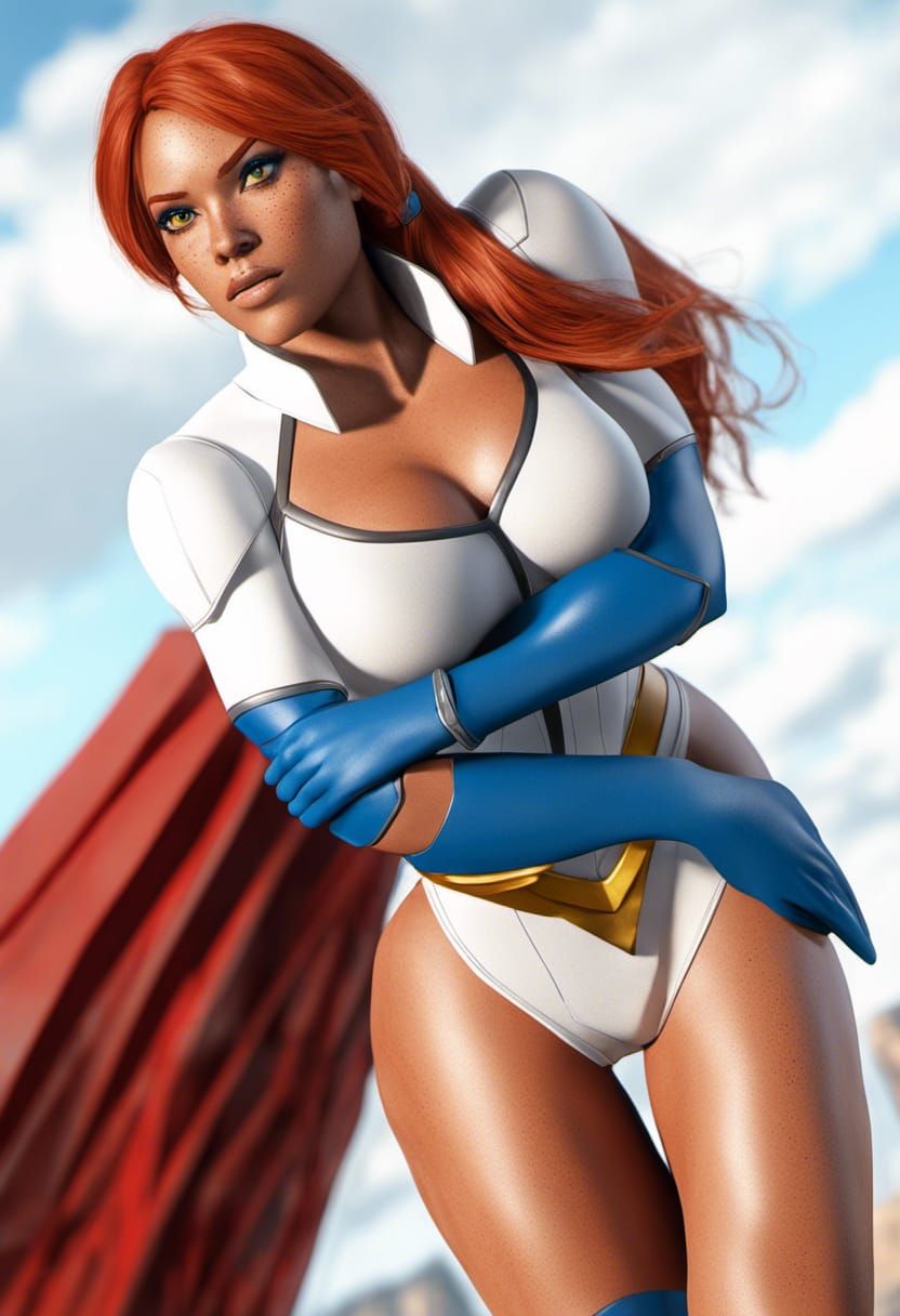 Photorealistic Biracial Redhead as Powergirl in 3D Render
