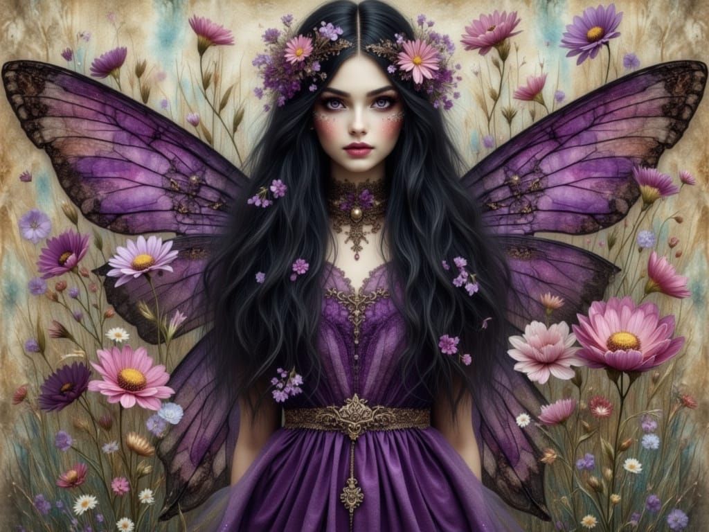Hyperrealistic Fairy with Purple Wings in Dreamscape