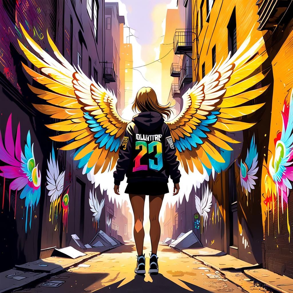 Winged Girl in City Alley: Street Art Graffiti