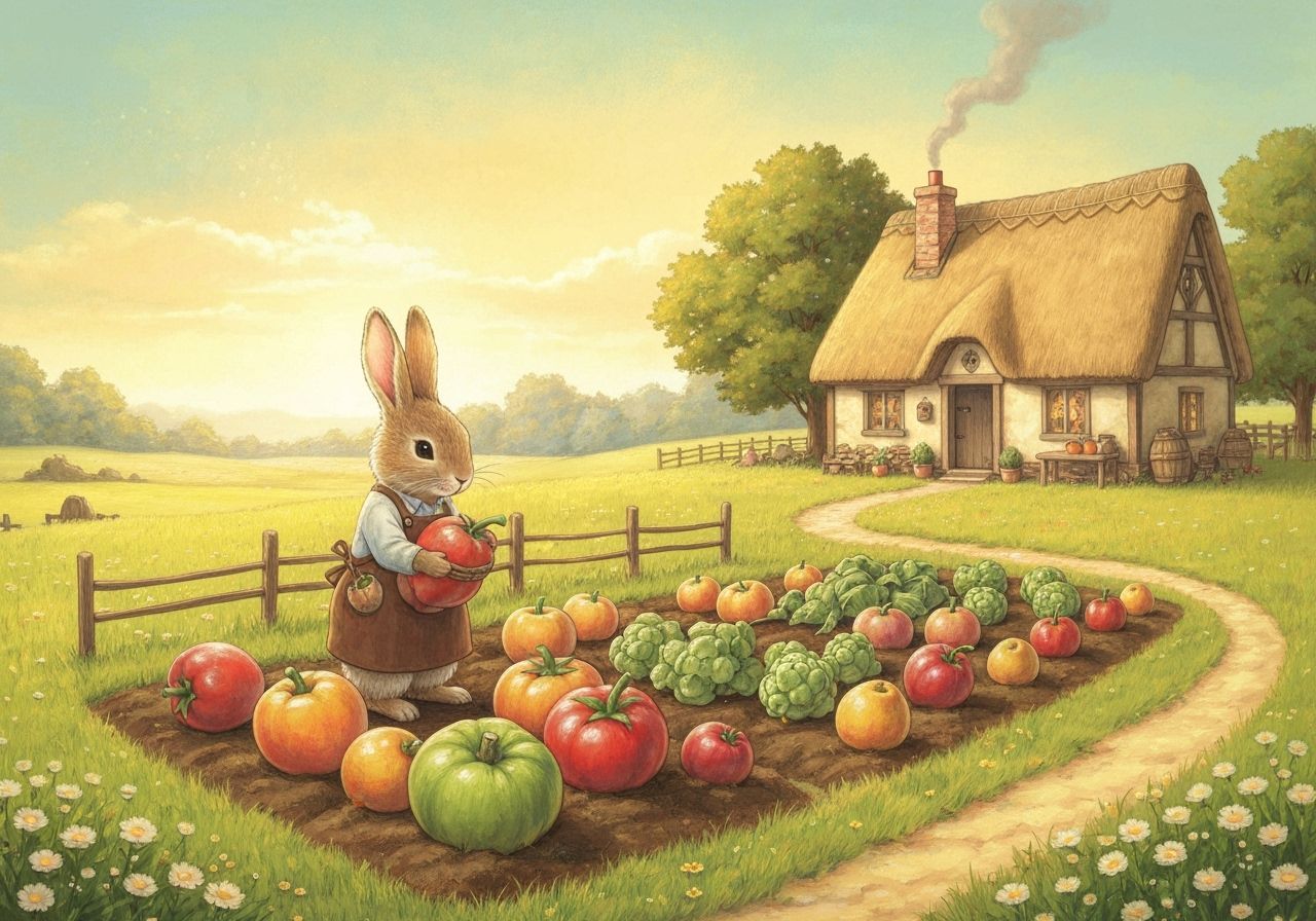 Fluffy Rabbit Farmer Tends Giant Crops in Meadow