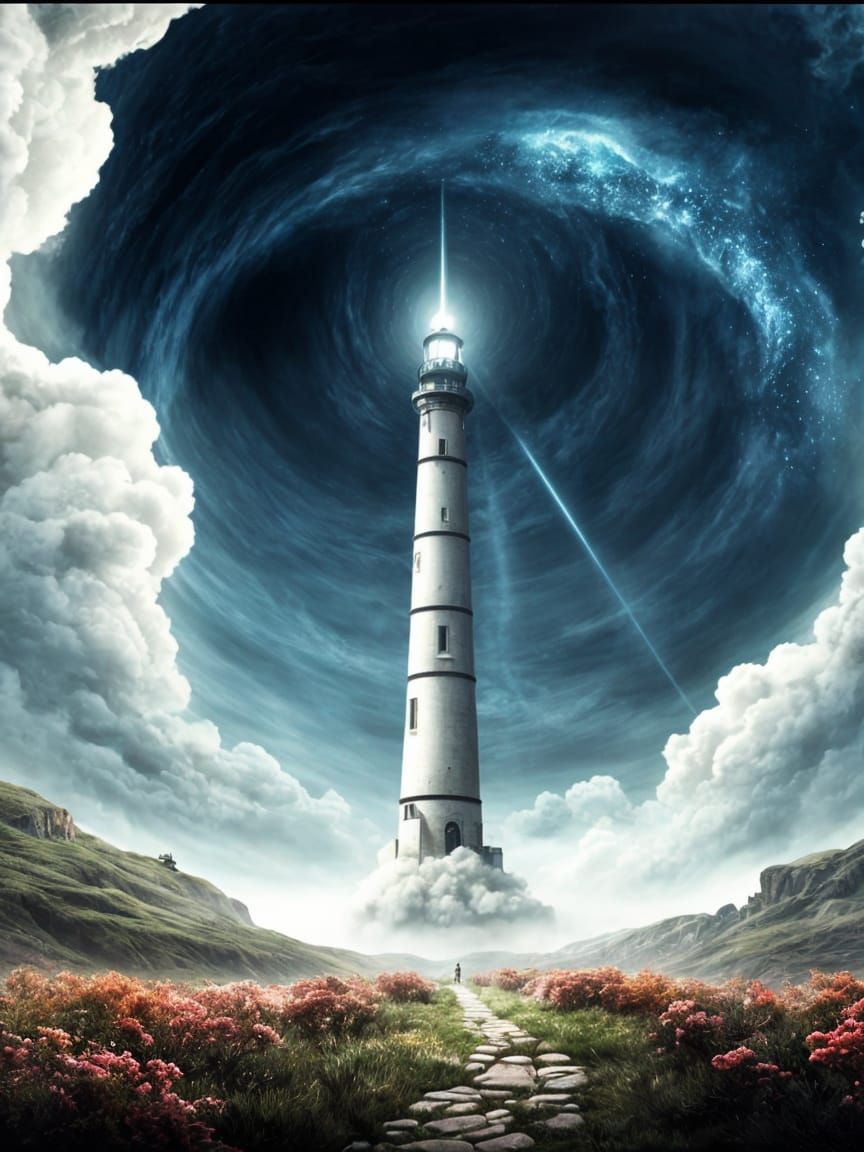 Surreal Lighthouse Ascends into Celestial Portal