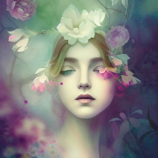Ethereal Flower Girl Portrait in Watercolor Style