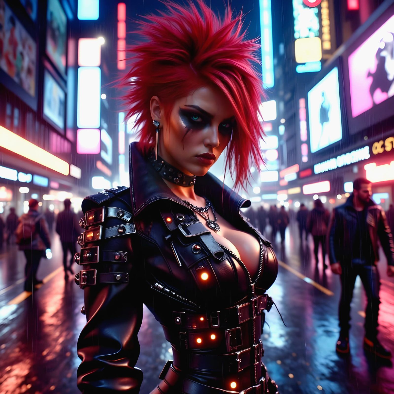 Cyberpunk Rebel Queen in Rain-Soaked Cityscape