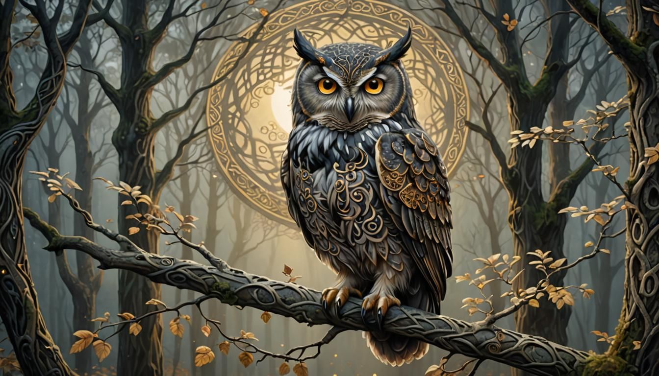 Celtic Owl in Misty Forest, Art Nouveau Style