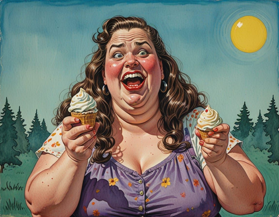 Funny Girl with Ice Cream in Comic Book Style