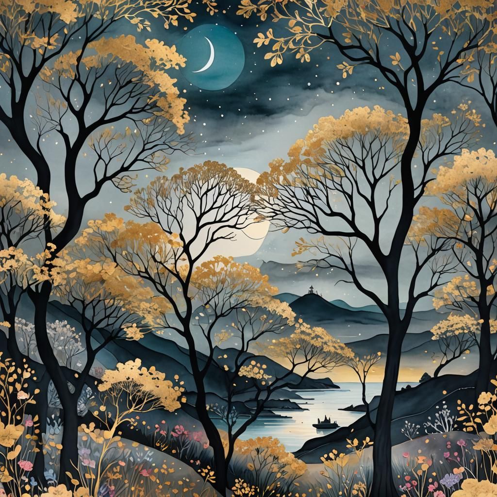 A stunning multi-layered conceptual art piece, featuring a night scene with silhouettes of beautiful, curved trees. The ...