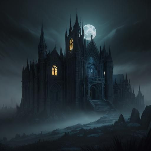 Spooky Gothic Mansion in Moonlight, Detailed Oil Painting