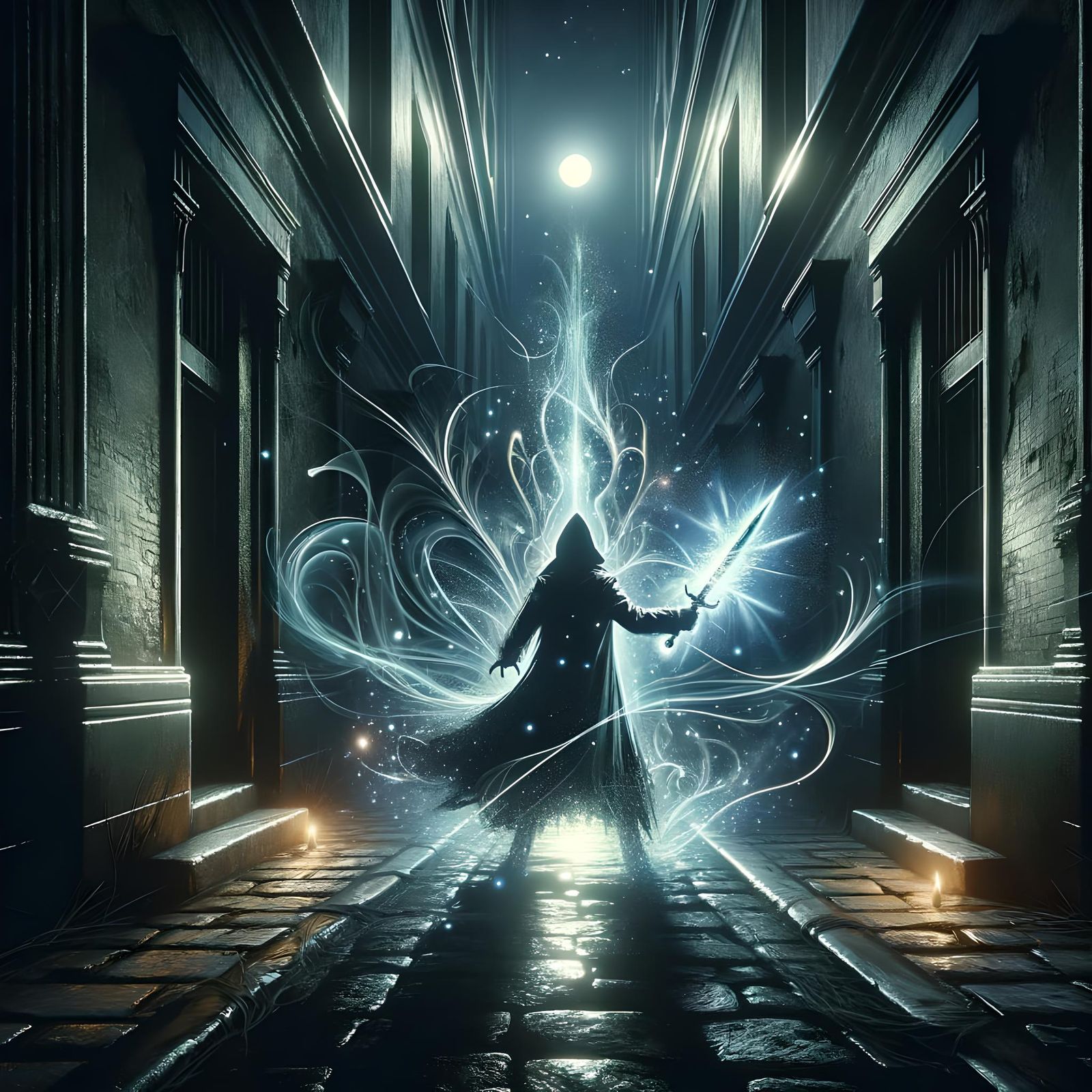 Shadowy Figure Casts Absorb Weapon Spell in Dark Alleyway