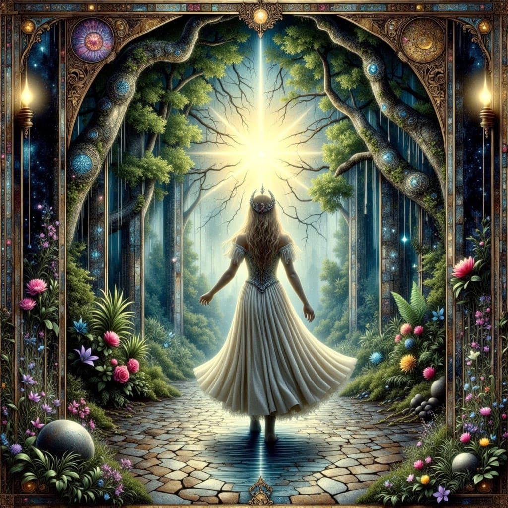 split screen of a  Princess stepping into a magical forest f...